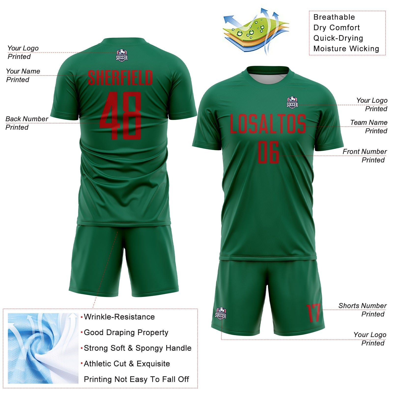 Custom Kelly Green Red Sublimation Soccer Uniform Jersey
