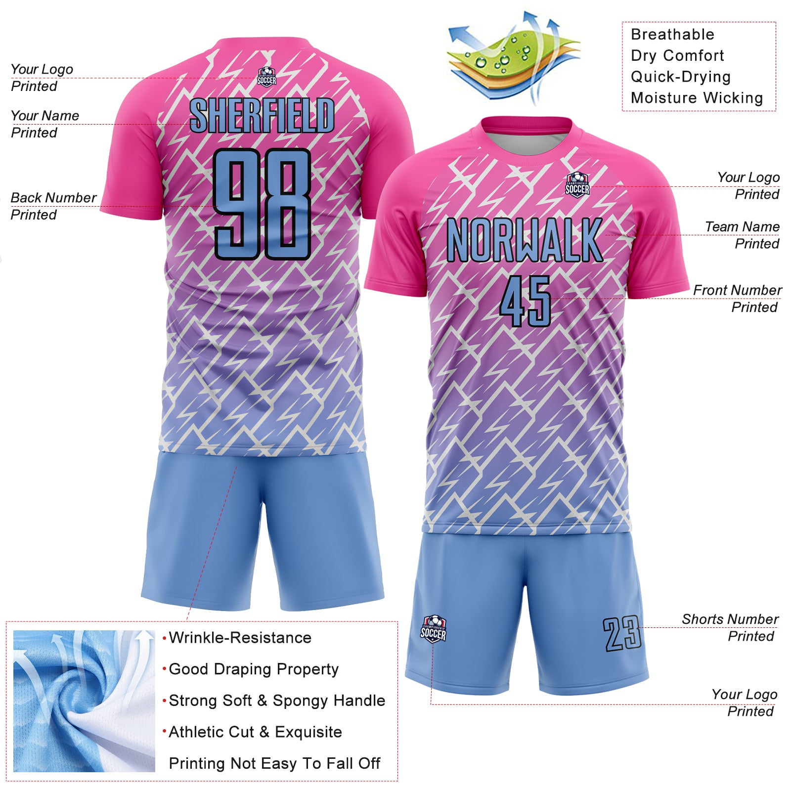Custom Pink Light Blue-Black Lightning Sublimation Soccer Uniform Jersey