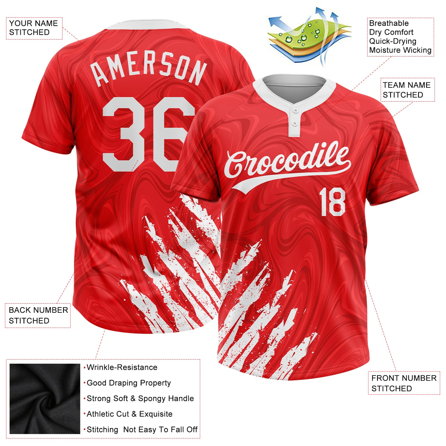 Custom Red White 3D Pattern Two-Button Unisex Softball Jersey