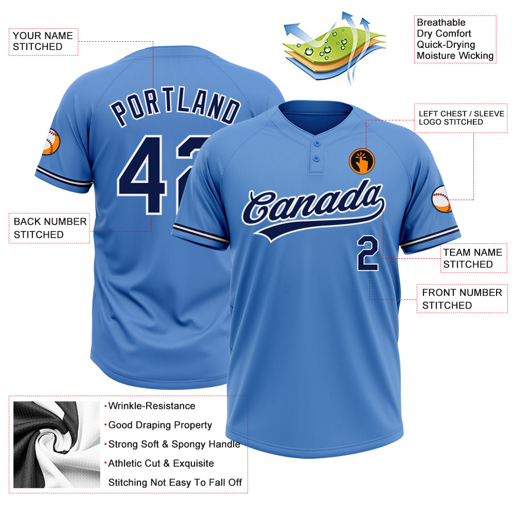 Custom Powder Blue Navy-White Two-Button Unisex Softball Jersey