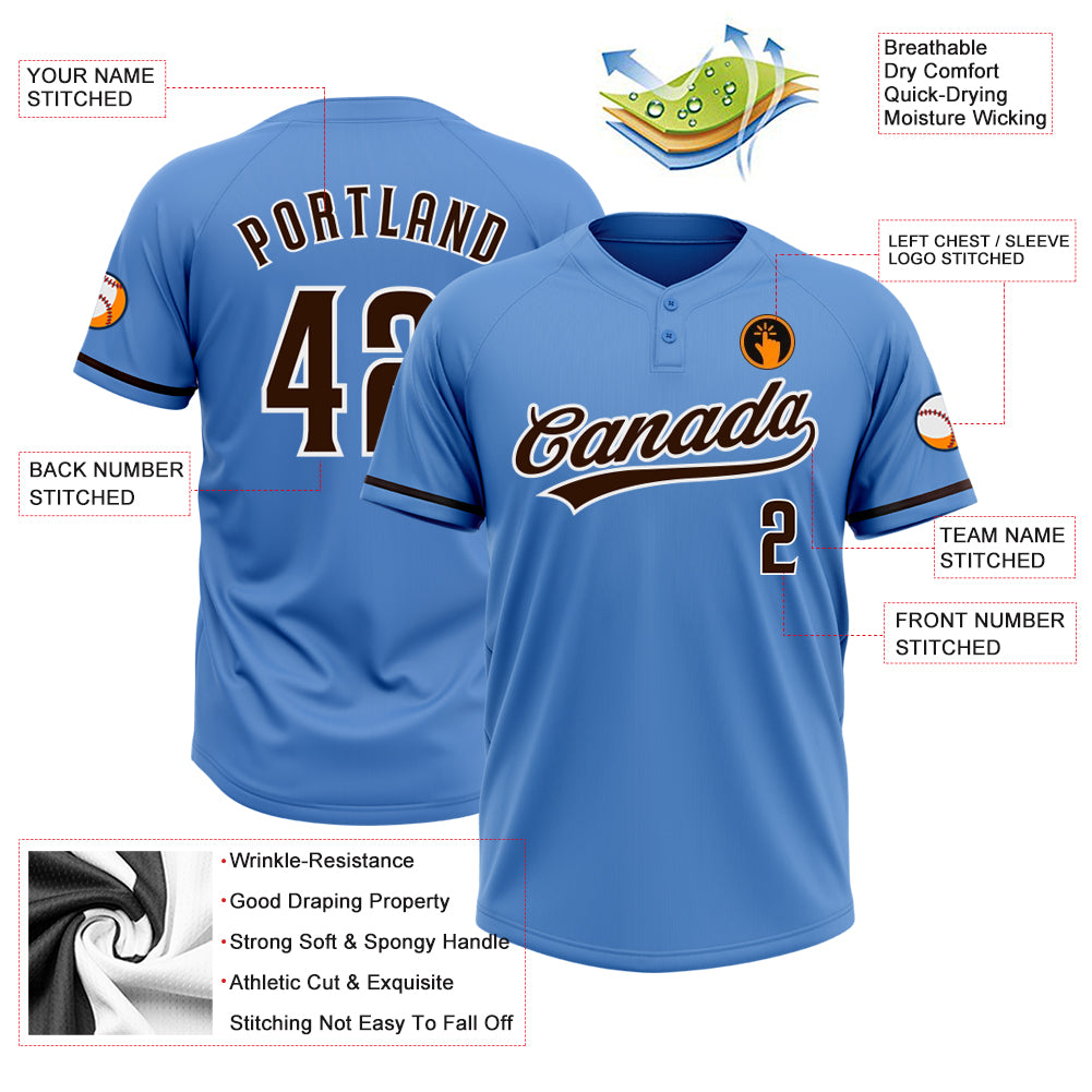 Custom Powder Blue Brown-White Two-Button Unisex Softball Jersey