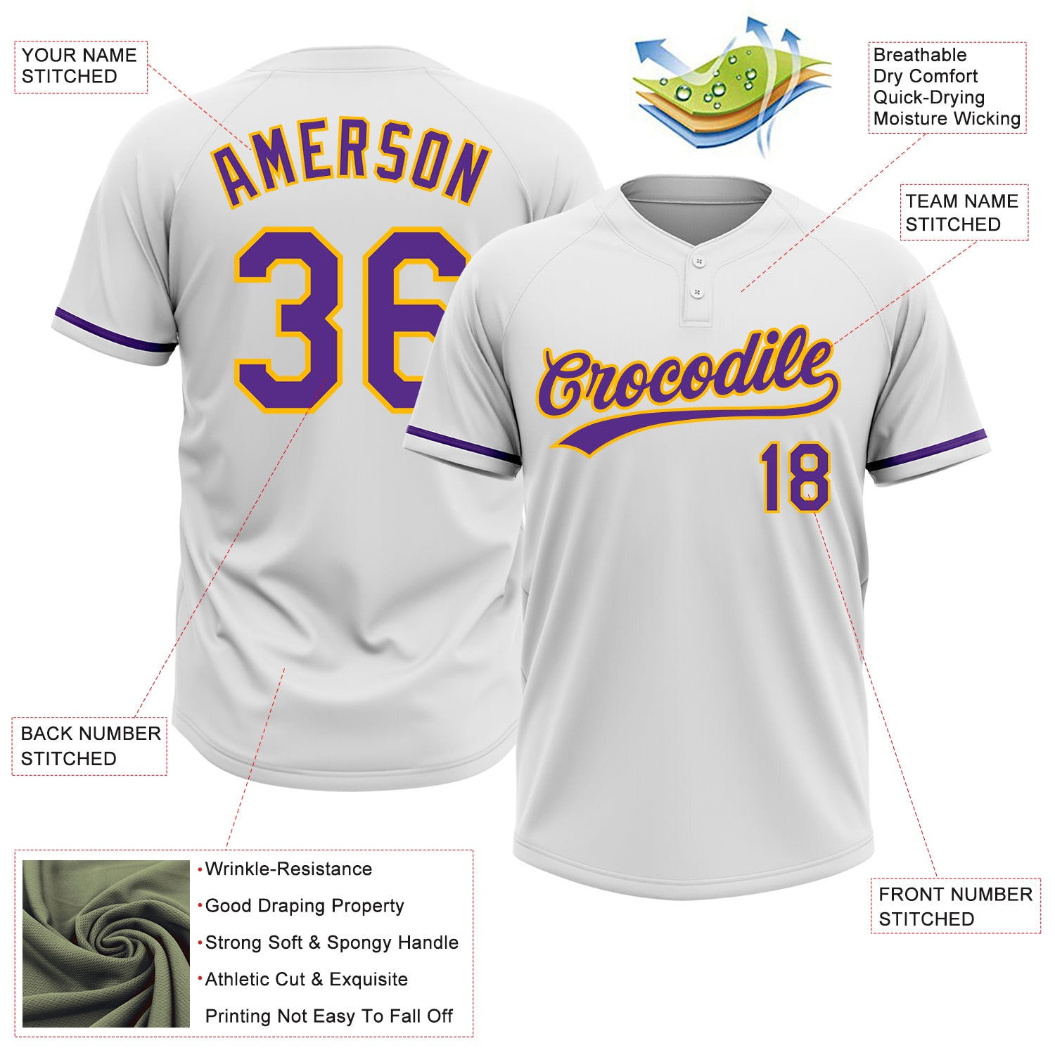 Custom White Purple-Gold Two-Button Unisex Softball Jersey