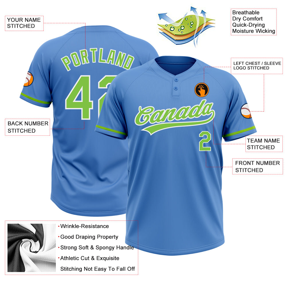 Custom Powder Blue Neon Green-White Two-Button Unisex Softball Jersey