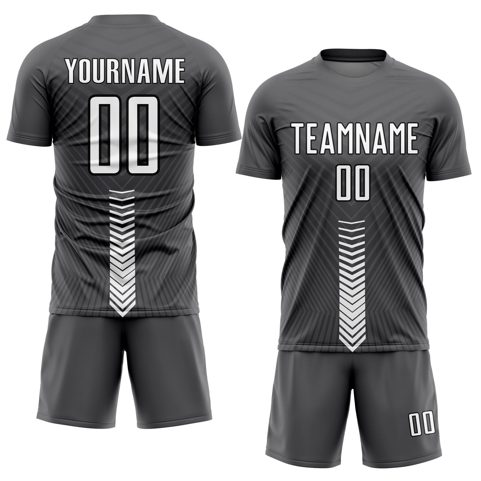 Custom Steel Gray White-Black Arrow Shapes Sublimation Soccer Uniform Jersey
