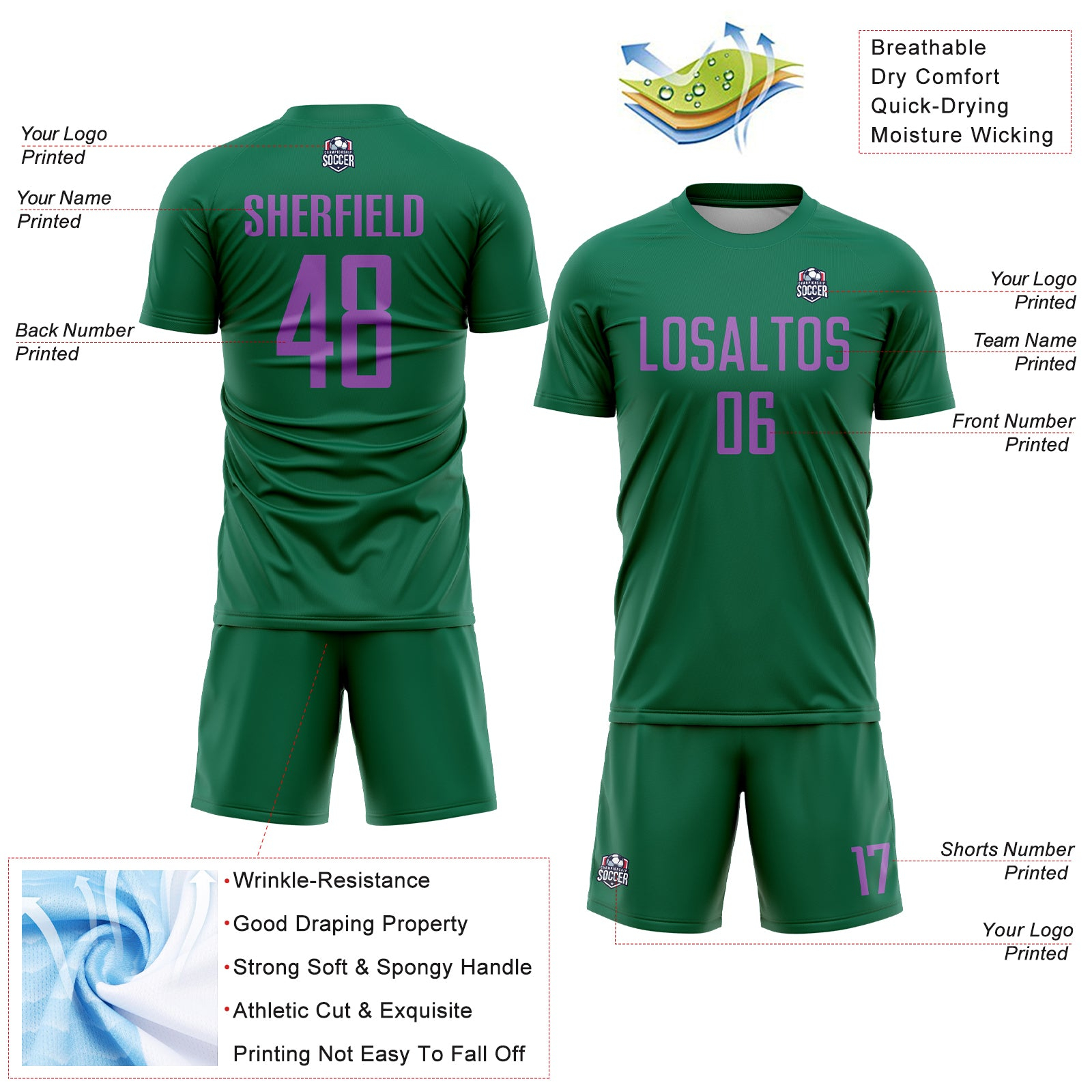 Custom Kelly Green Medium Purple Sublimation Soccer Uniform Jersey