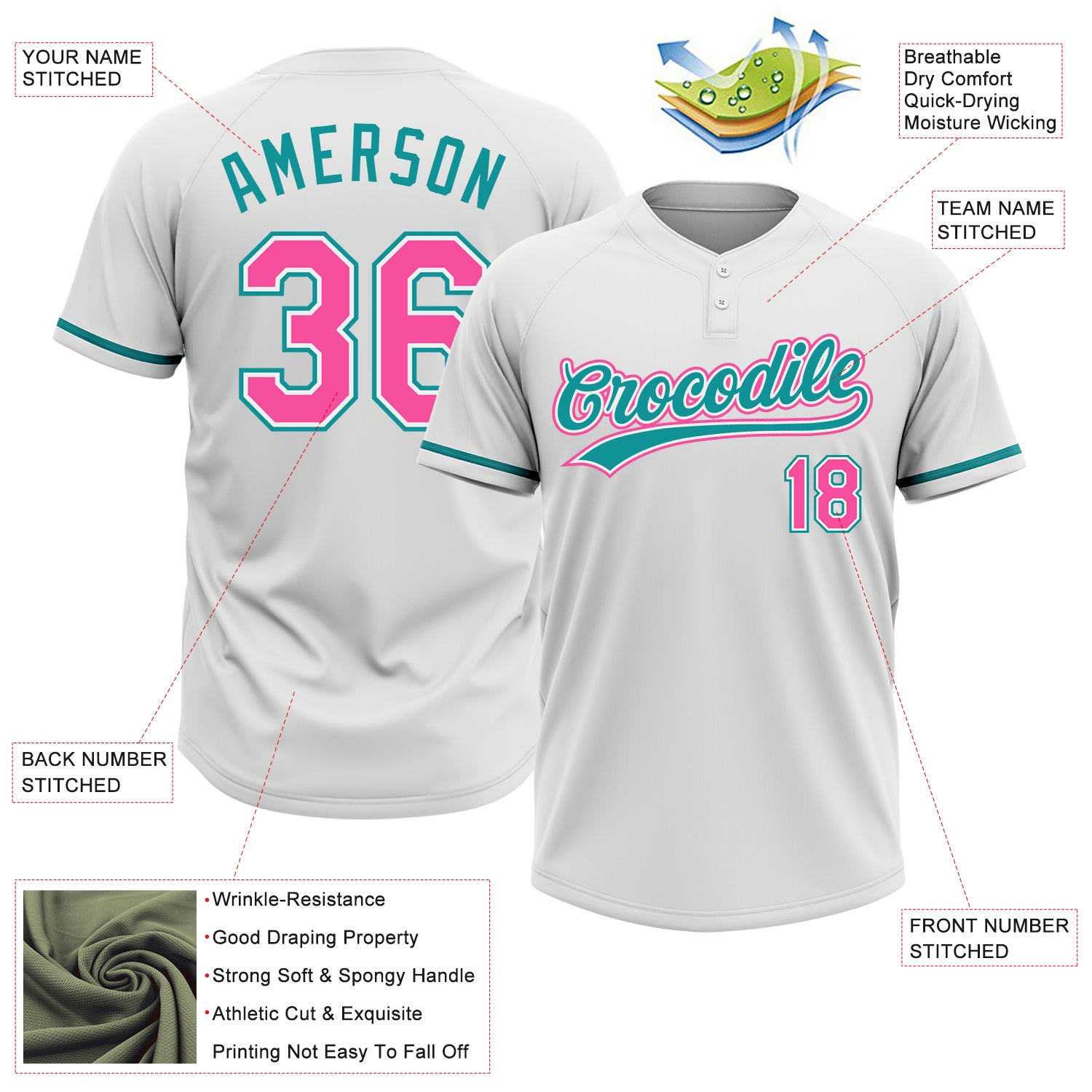 Custom White Pink-Teal Two-Button Unisex Softball Jersey