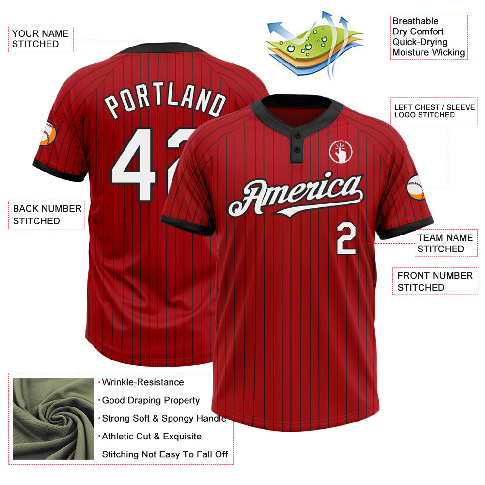 Custom Red Black Pinstripe White Two-Button Unisex Softball Jersey