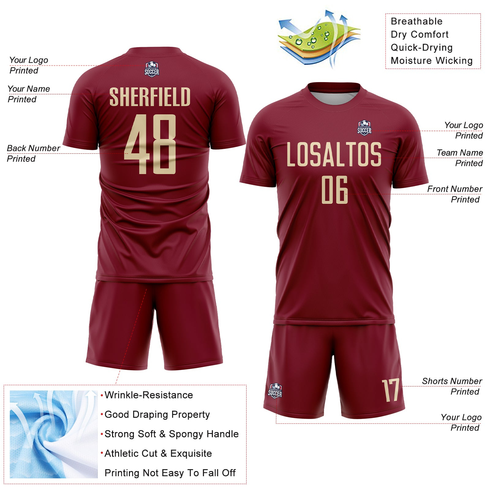 Custom Crimson Cream Sublimation Soccer Uniform Jersey