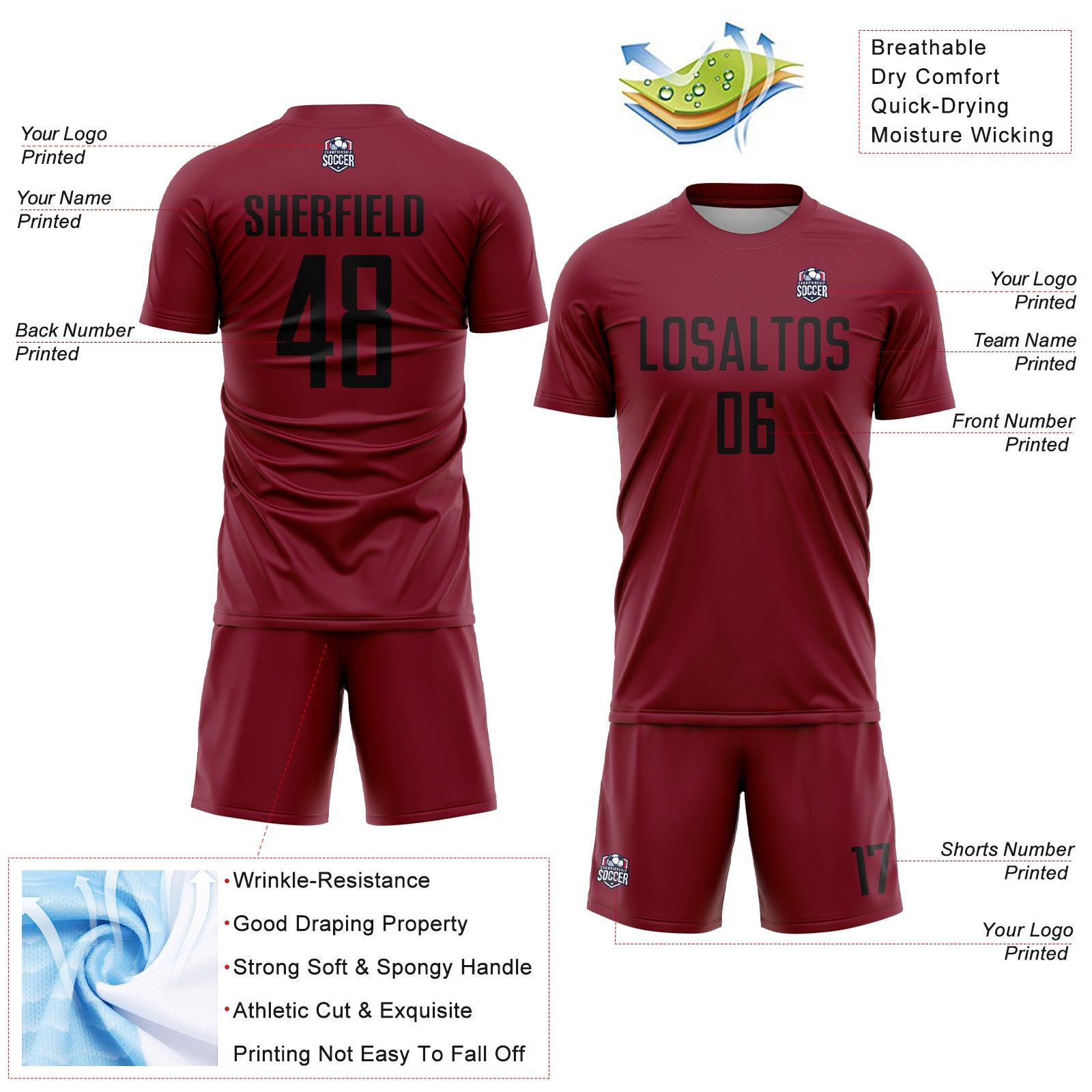 Custom Crimson Black Sublimation Soccer Uniform Jersey