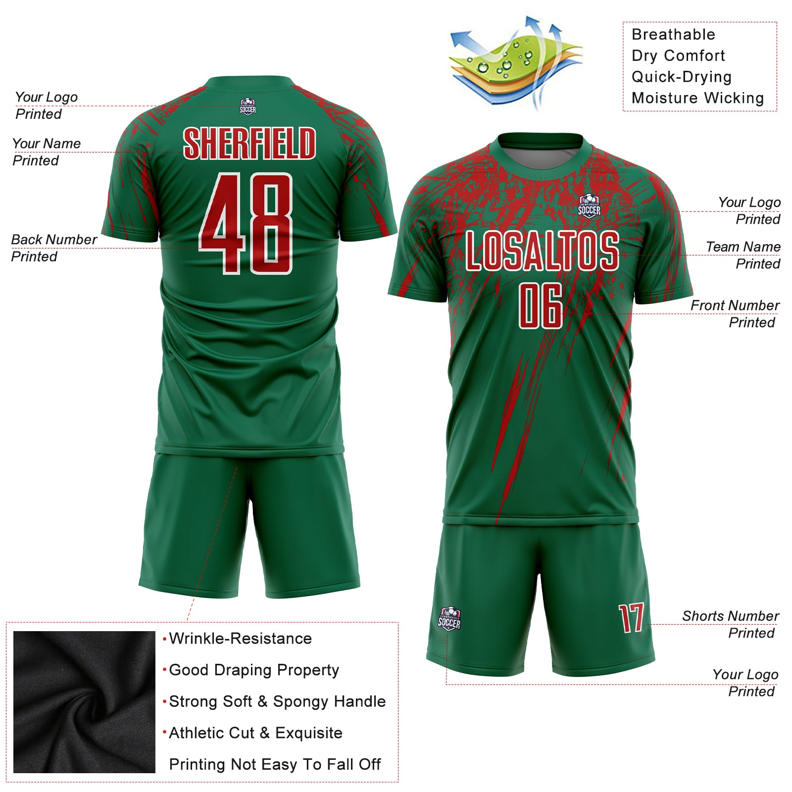 Custom Kelly Green Red-White Sublimation Soccer Uniform Jersey