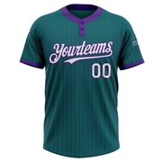 Custom Teal Purple Pinstripe White Two-Button Unisex Softball Jersey