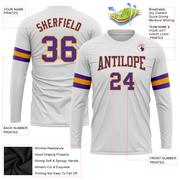 Custom White Purple-Gold Long Sleeve Performance T-Shirt