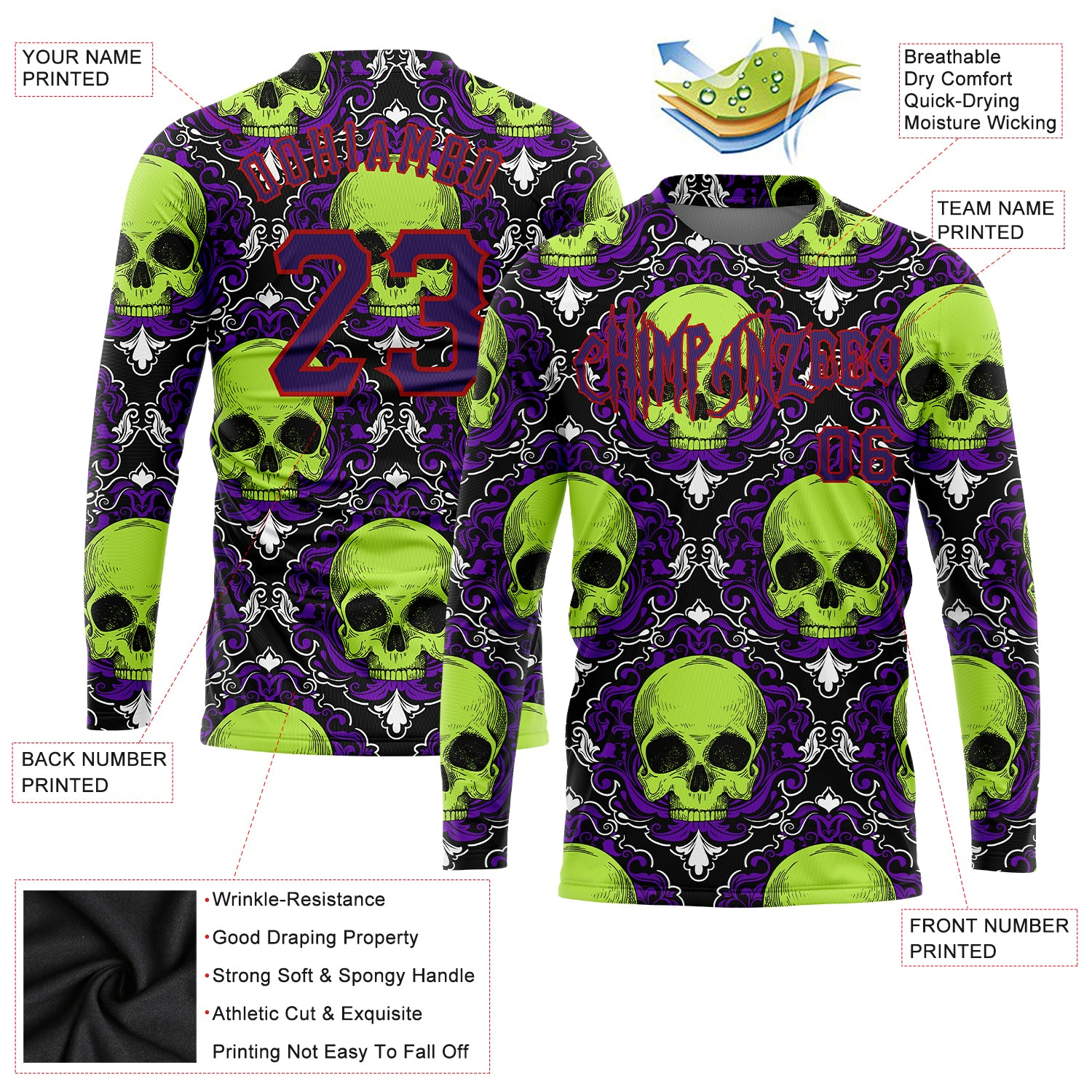 Custom 3D Pattern Halloween Skulls Long Sleeve Performance T-Shirt