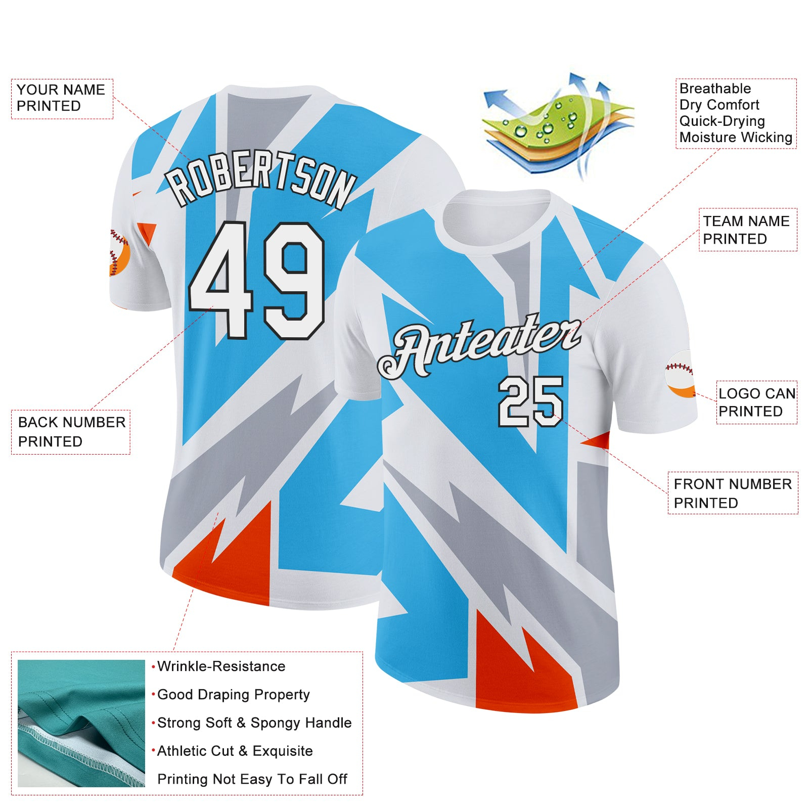 Custom White Sky Blue Orange-Gray 3D Esports Performance T-Shirt