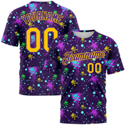 Custom Graffiti Pattern Gold-Purple 3D Clashing Colors Paint-Splatter Performance T-Shirt