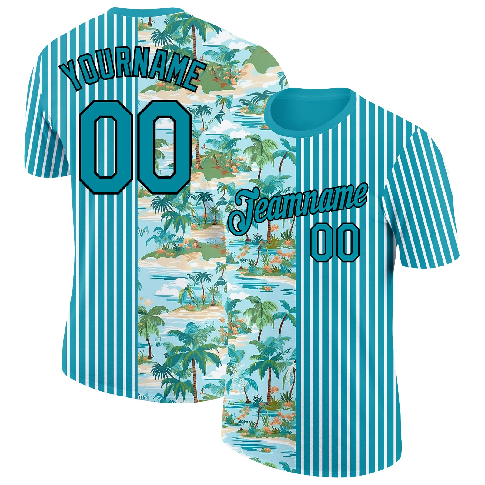 Custom Teal Black-White 3D Tropical Hawaii Beach And Palm Trees Performance T-Shirt