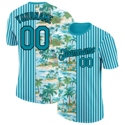 Custom Teal Black-White 3D Tropical Hawaii Beach And Palm Trees Performance T-Shirt