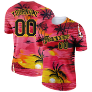 Custom Red Black-Gold 3D Pattern Design Sun Beach Hawaii Palm Trees Performance T-Shirt