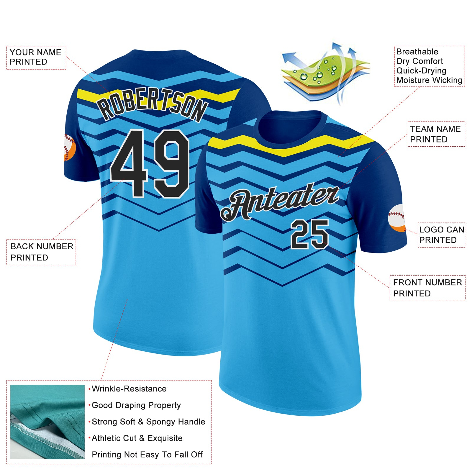 Custom Sky Blue Black US Navy Blue-Light Yellow 3D Esports Performance T-Shirt