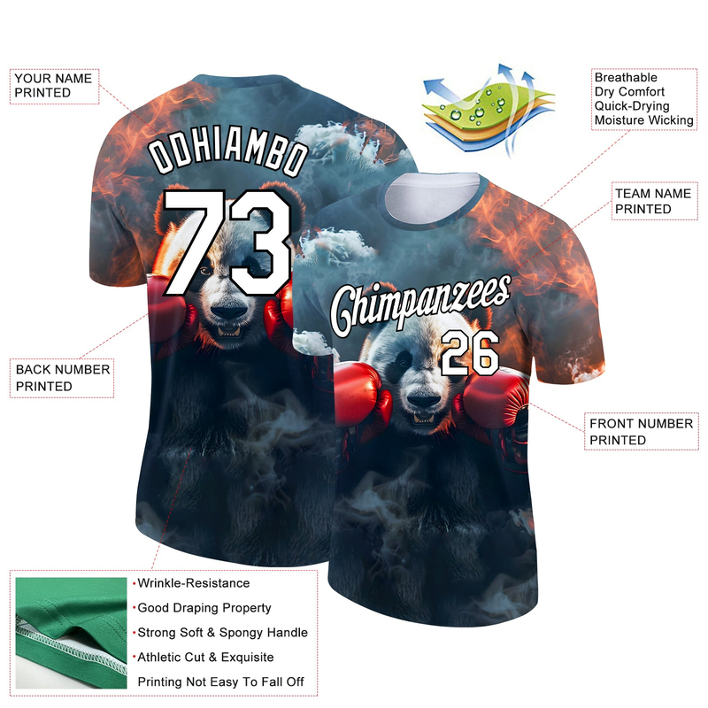 Custom Steel Gray White-Black 3D Pattern Design Extreme Sport Cartoon Animal Panda Boxing Performance T-Shirt