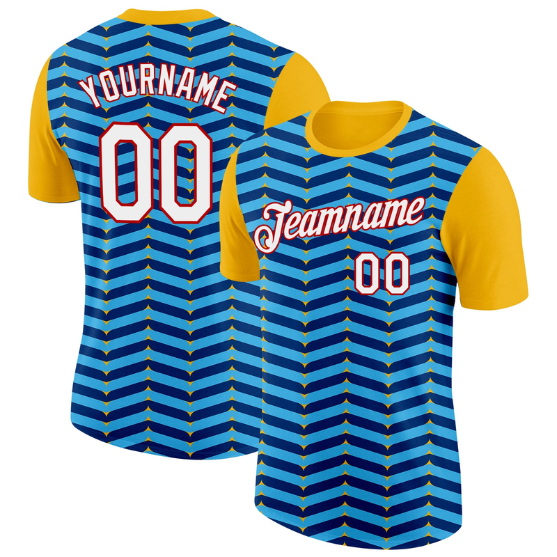 Custom Gold Sky Blue US Navy Blue-Red 3D Esports Performance T-Shirt