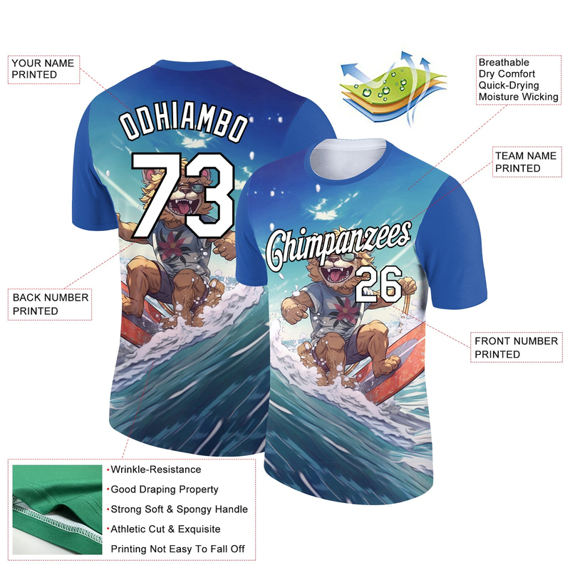 Custom Sky Blue White-Black 3D Pattern Design Extreme Sport Cartoon Animal Lion Surfing Performance T-Shirt