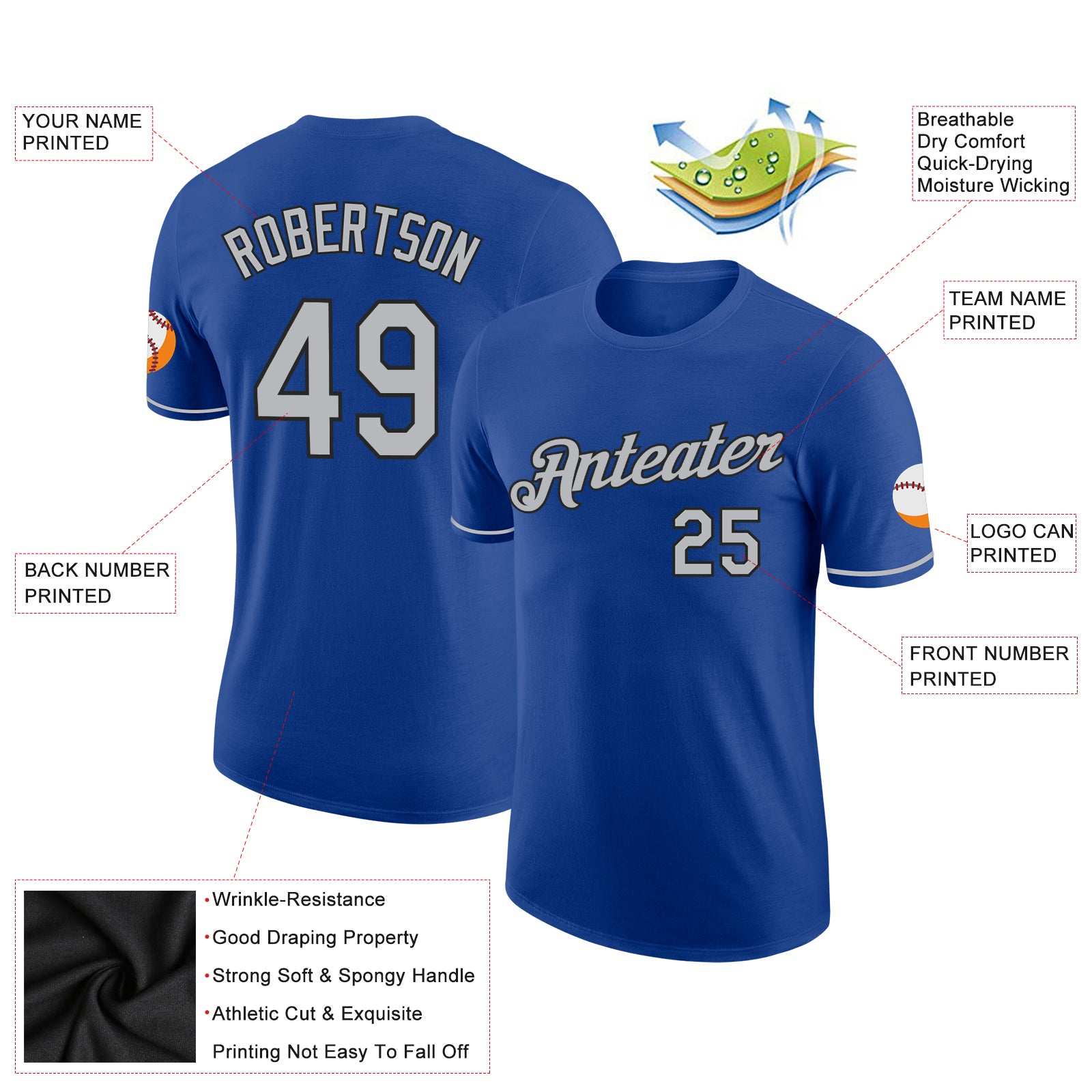 Custom Royal Gray-Black Performance T-Shirt