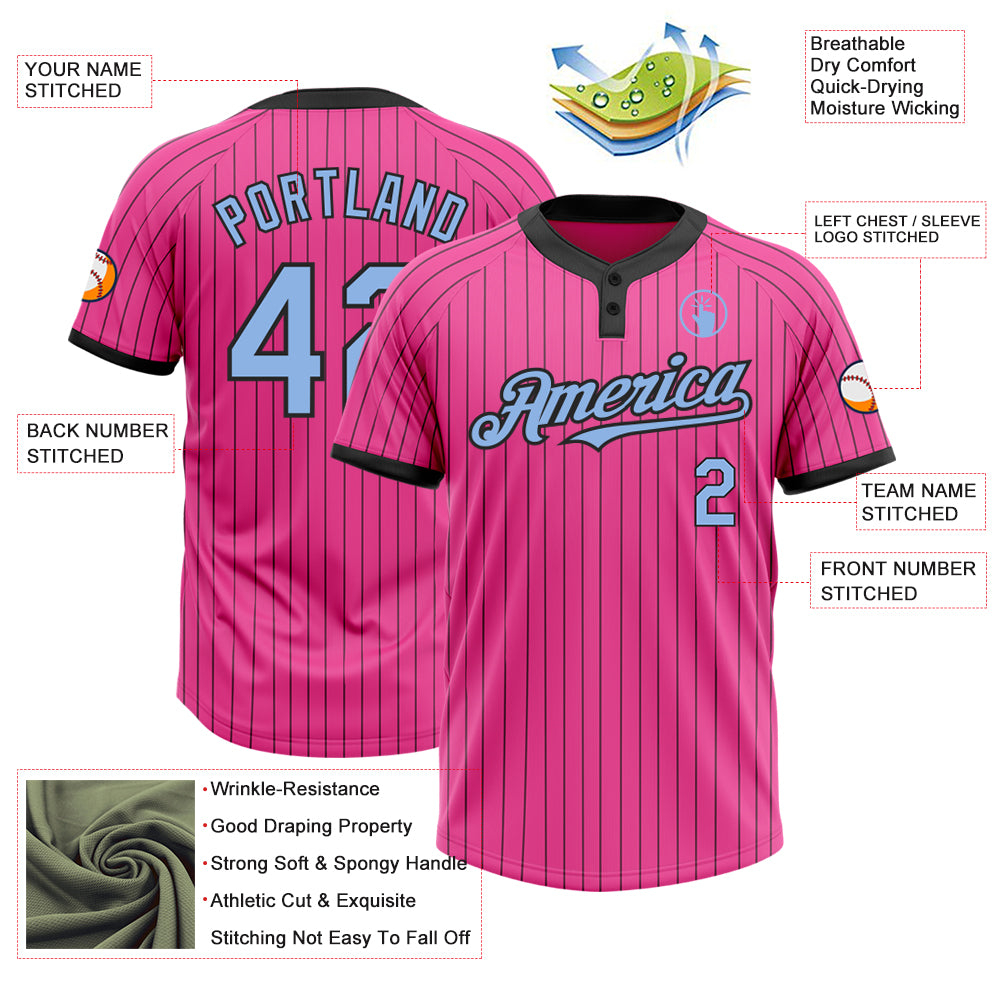 Custom Pink Black Pinstripe Light Blue Two-Button Unisex Softball Jersey