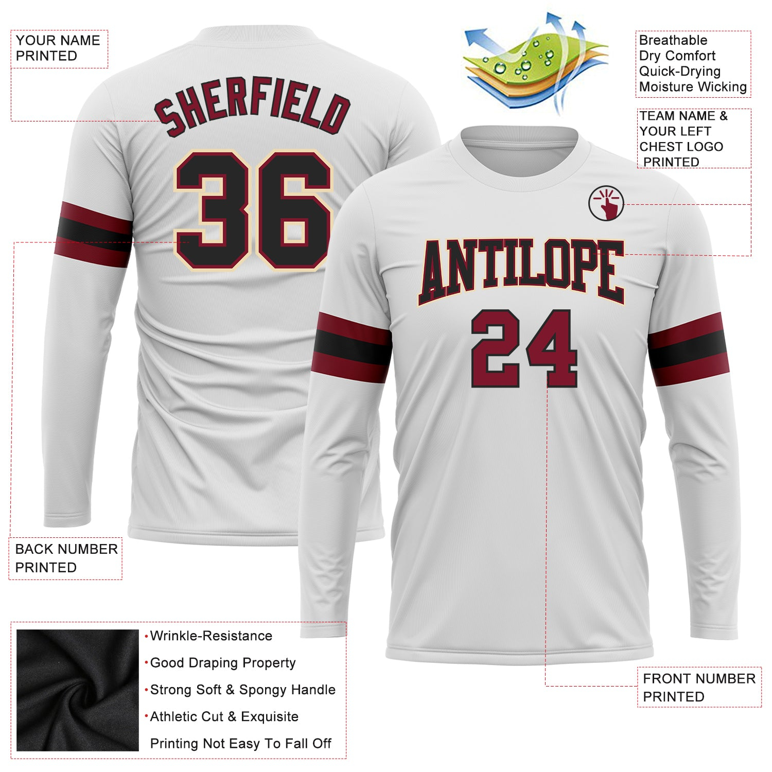 Custom White Black Crimson-Cream Long Sleeve Performance T-Shirt