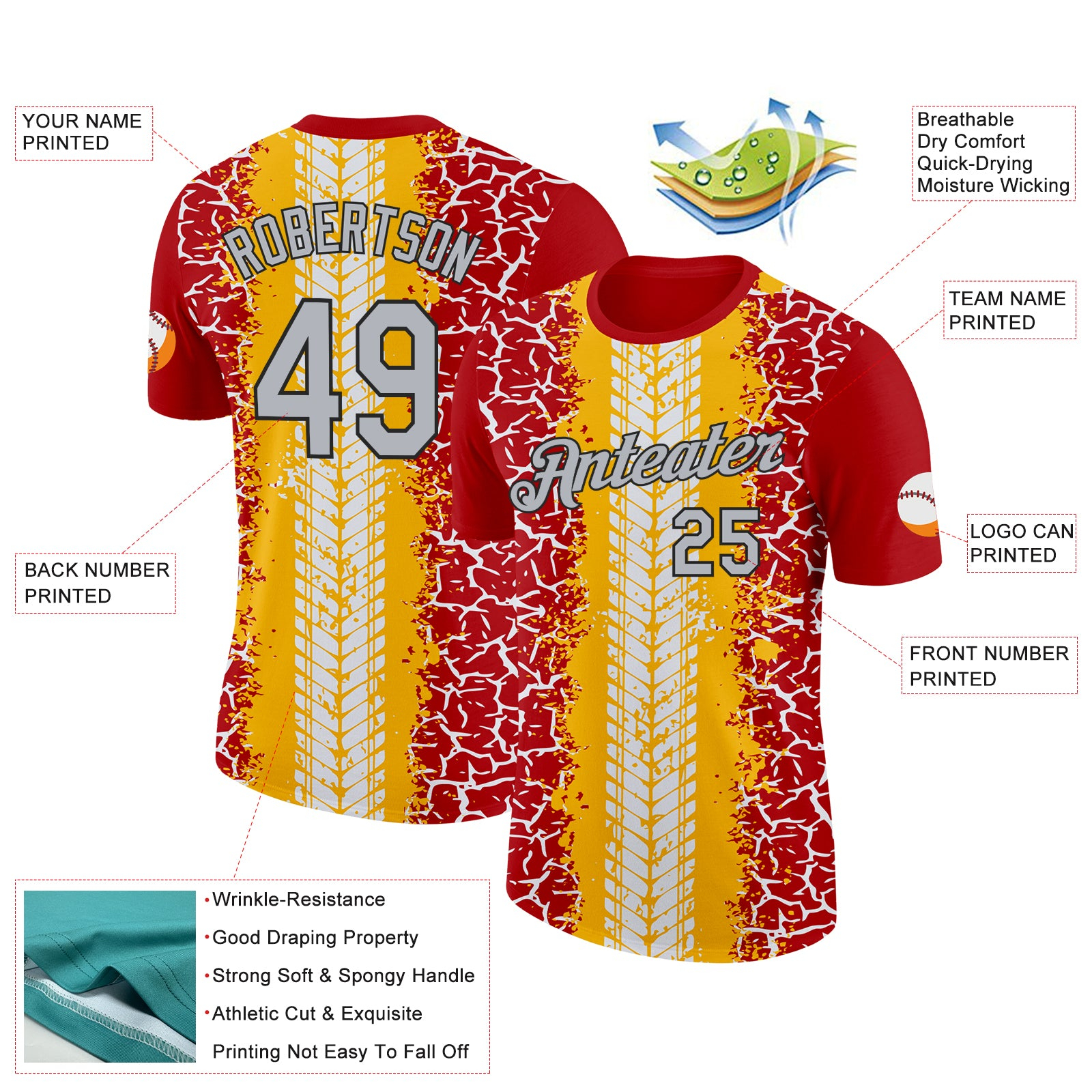 Custom Red Light Gray Gold-Black 3D Esports Performance T-Shirt