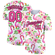 Custom White Pink-Black 3D Pattern Design Tropical Hawaii Flamingo Performance T-Shirt