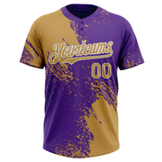 Custom Old Gold Purple-White 3D Pattern Abstract Brush Stroke Two-Button Unisex Softball Jersey