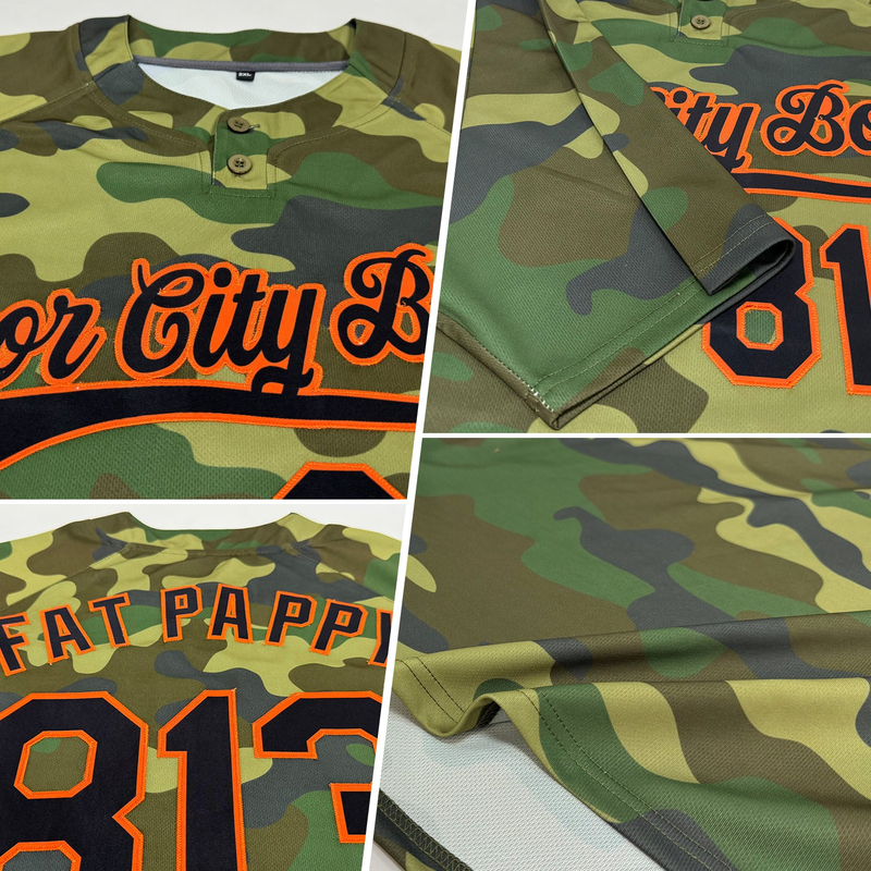 Custom Camo Black-Orange Salute To Service Two-Button Unisex Softball Jersey