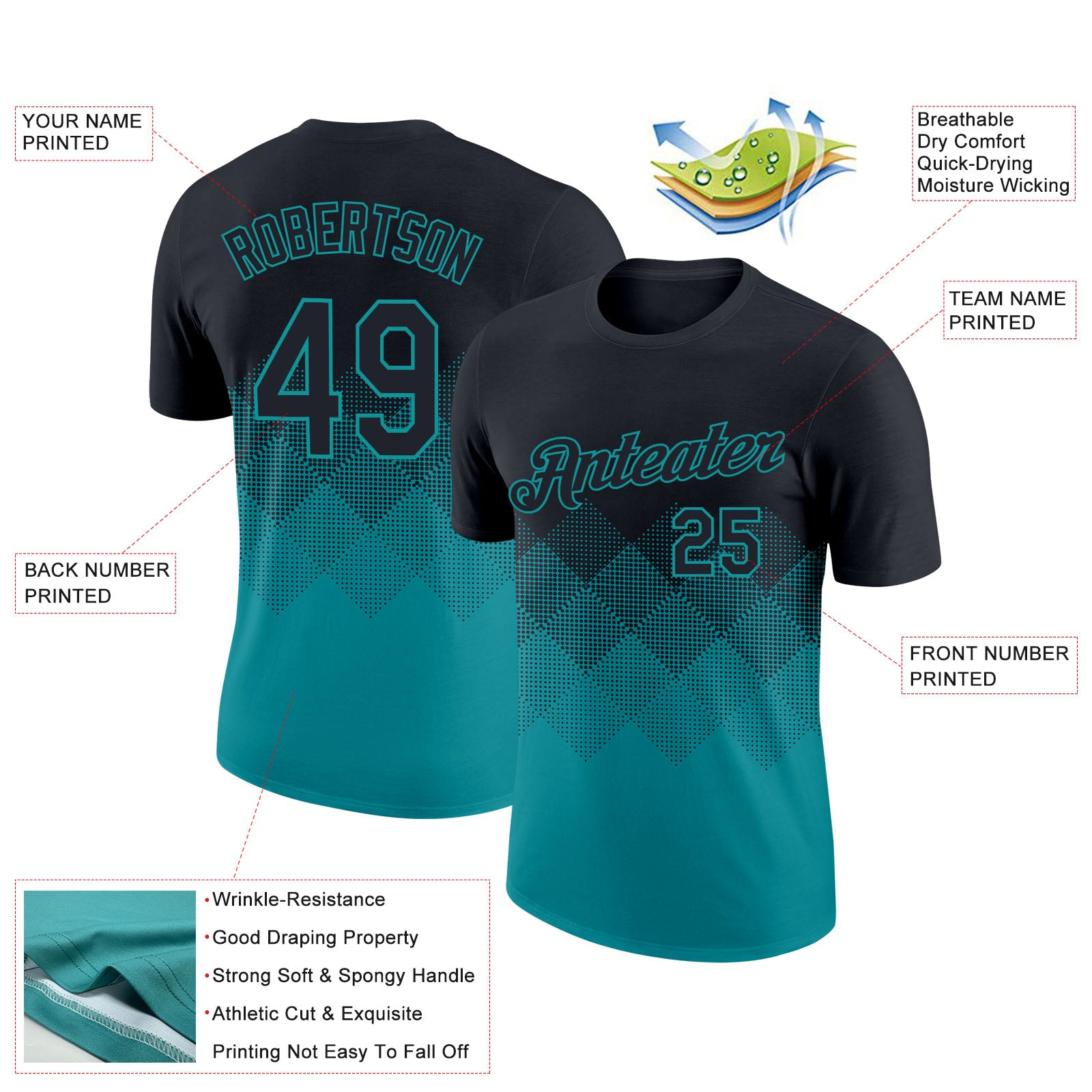 Custom Black Teal 3D Pattern Design Gradient Square Shapes Performance T-Shirt