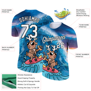 Custom Blue White-Black 3D Pattern Design Extreme Sport Cartoon Animal Deer Surfing Performance T-Shirt