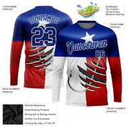 Custom Royal Red-White 3D Texas Flag And Fish Hook Fishing Long Sleeve Performance T-Shirt