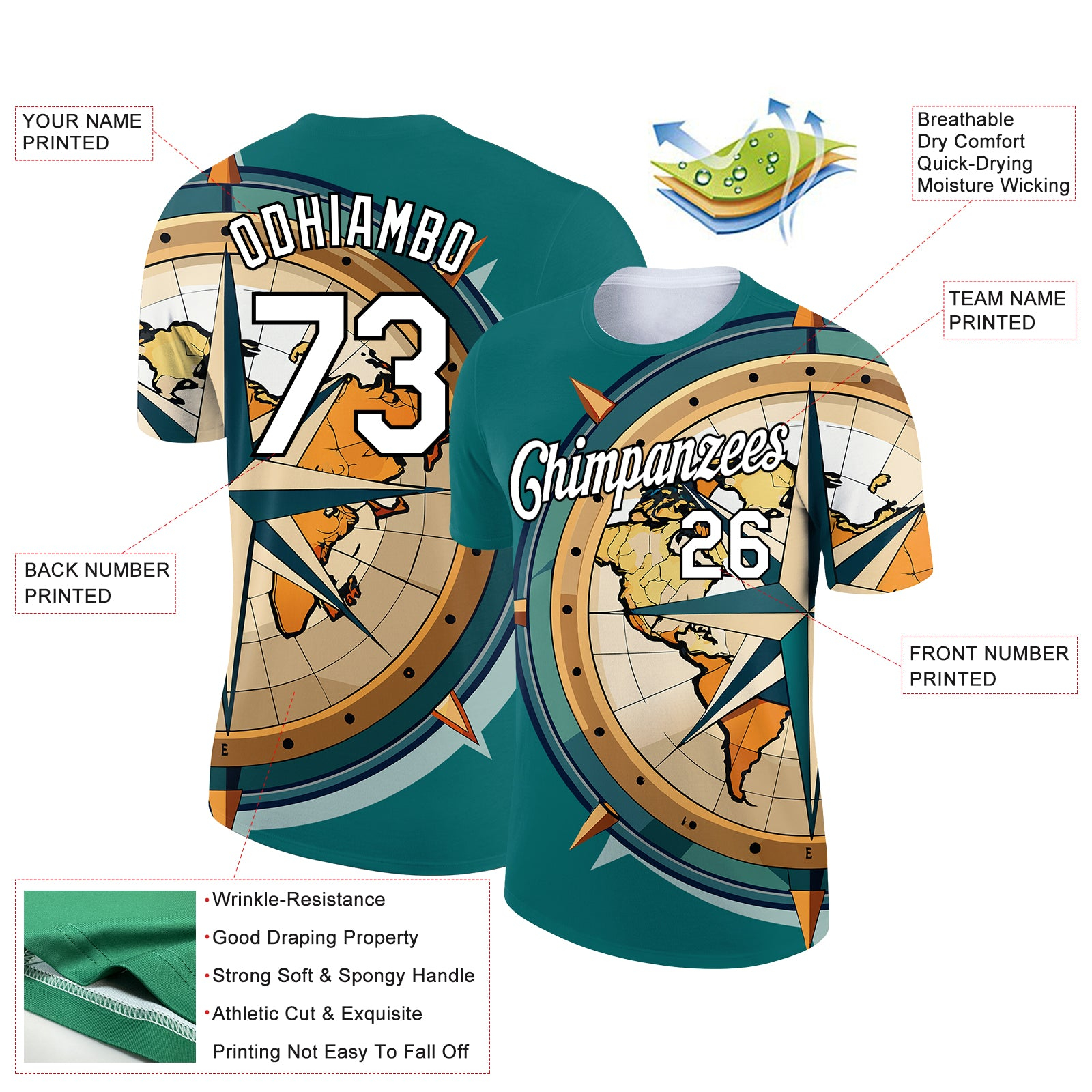 Custom Teal White-Black 3D Pattern Design Sailing Ship Compass Columbus Day Performance T-Shirt