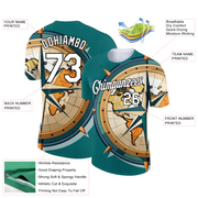Custom Teal White-Black 3D Pattern Design Sailing Ship Compass Columbus Day Performance T-Shirt