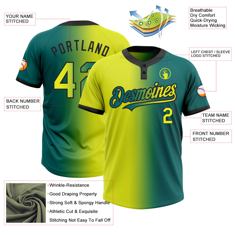 Custom Teal Neon Yellow-Black Gradient Fashion Two-Button Unisex Softball Jersey