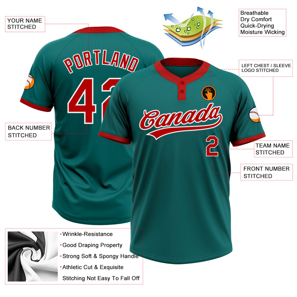 Custom Teal Red-White Two-Button Unisex Softball Jersey