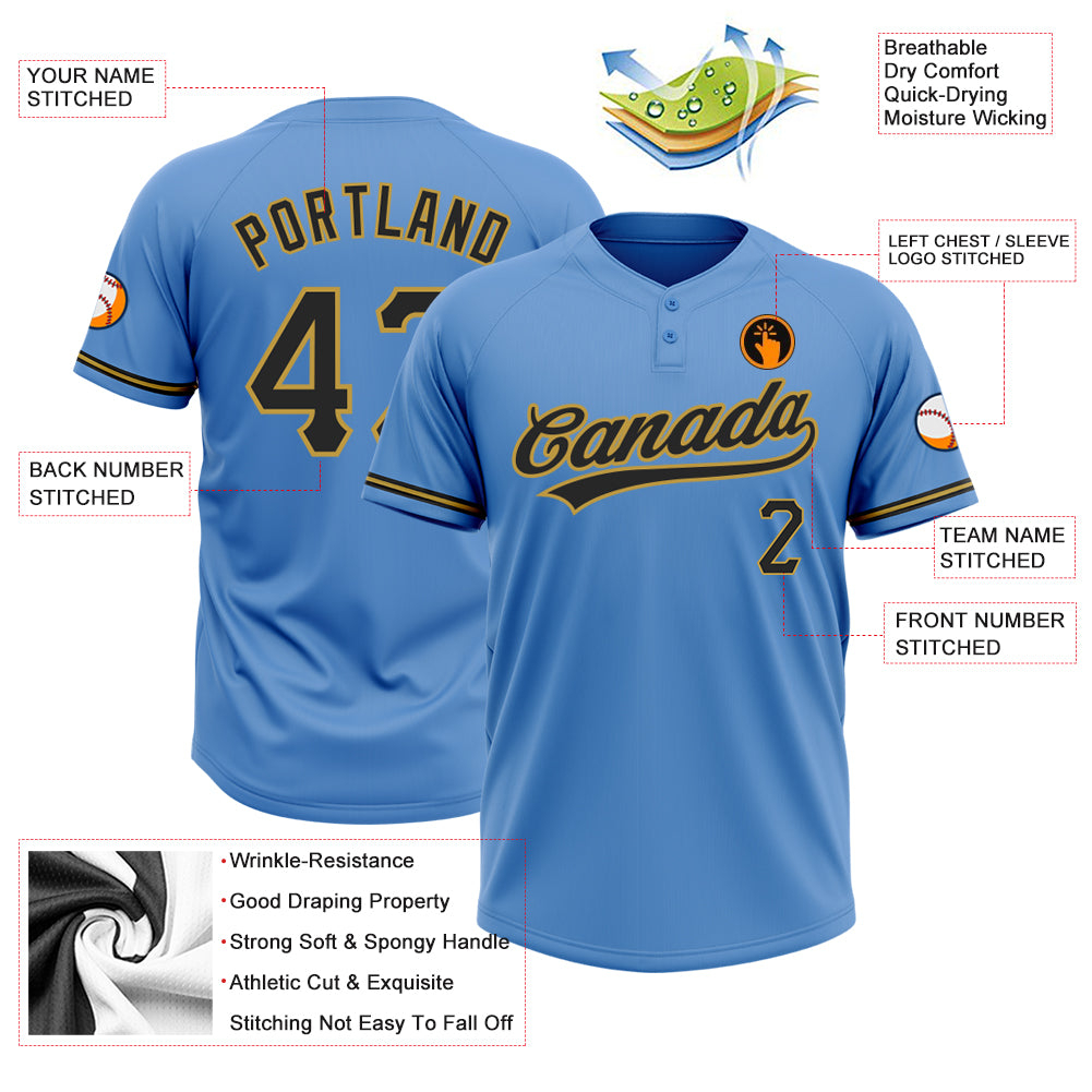 Custom Powder Blue Black-Old Gold Two-Button Unisex Softball Jersey