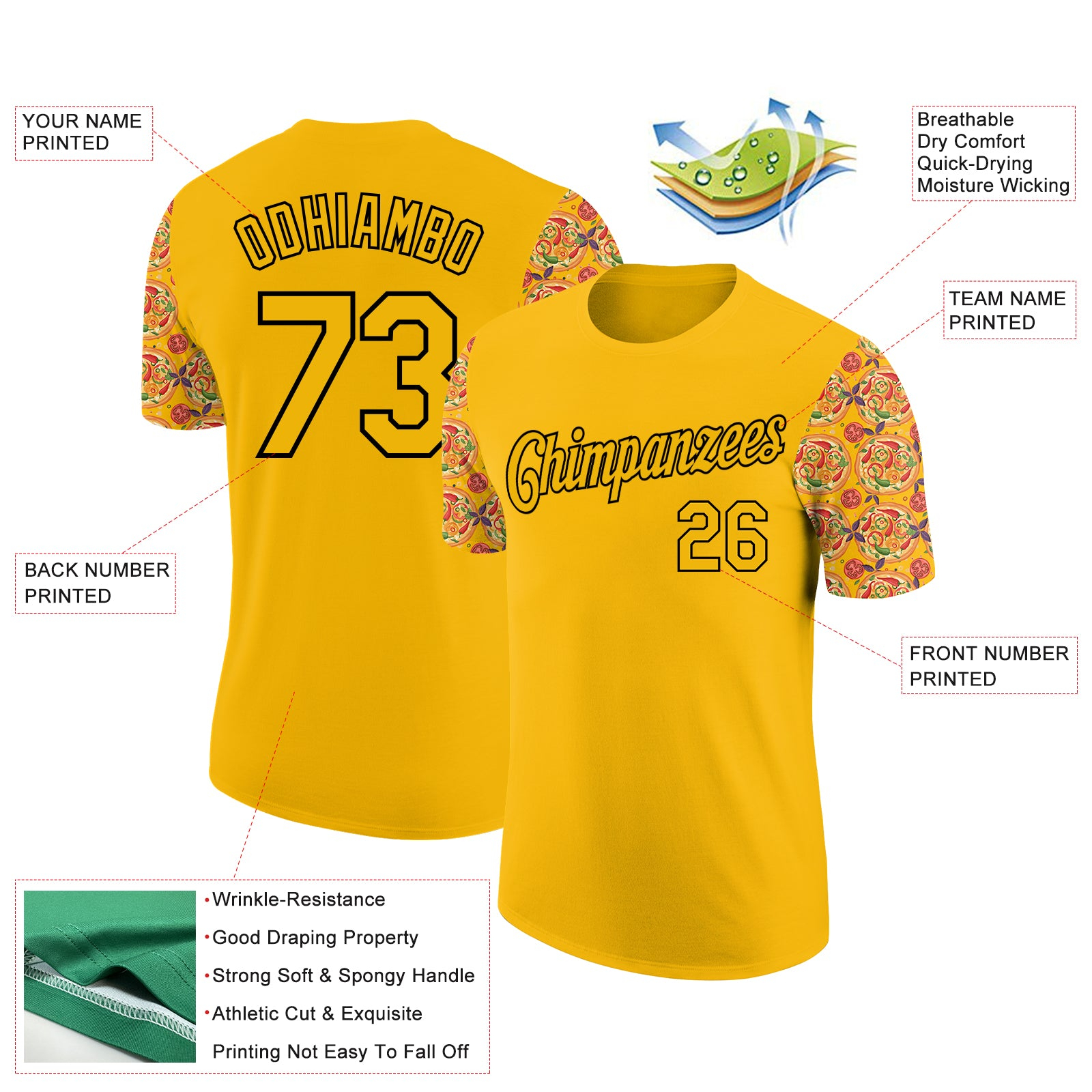 Custom Gold Black 3D Pattern Design Food Pizza Performance T-Shirt