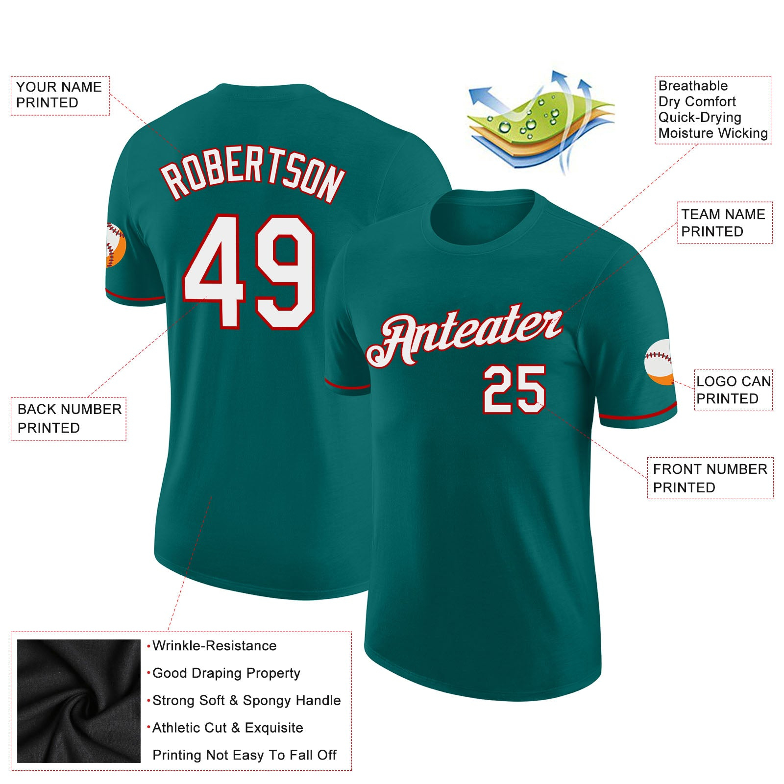 Custom Aqua White-Red Performance T-Shirt