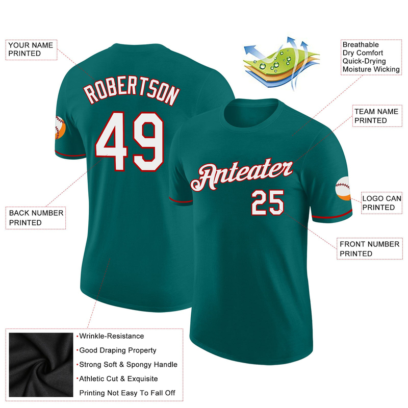 Custom Aqua White-Red Performance T-Shirt