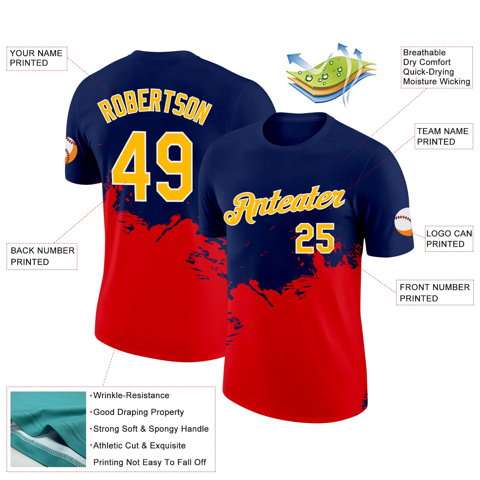 Custom Navy Gold-Fire Red 3D Esports Performance T-Shirt