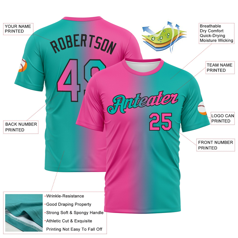 Custom Aqua Pink-Black Gradient Fashion Performance T-Shirt