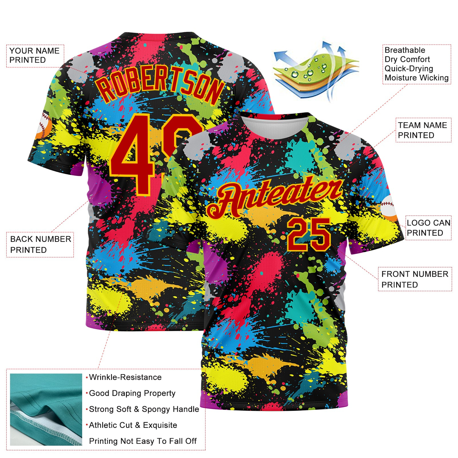 Custom Graffiti Pattern Red-Gold 3D Colorful Splattered Messy Art Ink Paintbrush Drawing Performance T-Shirt