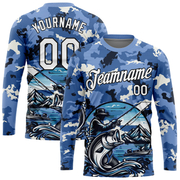 Custom Light Blue White-Black 3D Pattern Design Big Bass Fish Fishing Performance T-Shirt