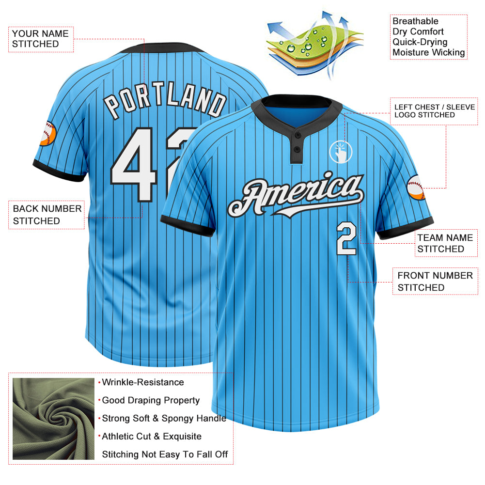 Custom Sky Blue Black Pinstripe White Two-Button Unisex Softball Jersey