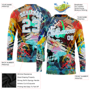Custom Graffiti Pattern White-Light Blue Colored Abstract 3D Long Sleeve Performance T-Shirt